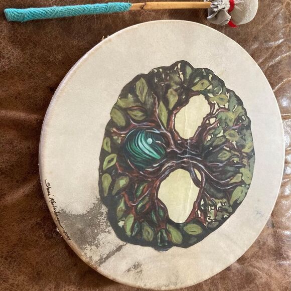 Artist Signed Stretched Animal Skin Drum Tree of Life Design With Drumstick - Picture 1 of 5